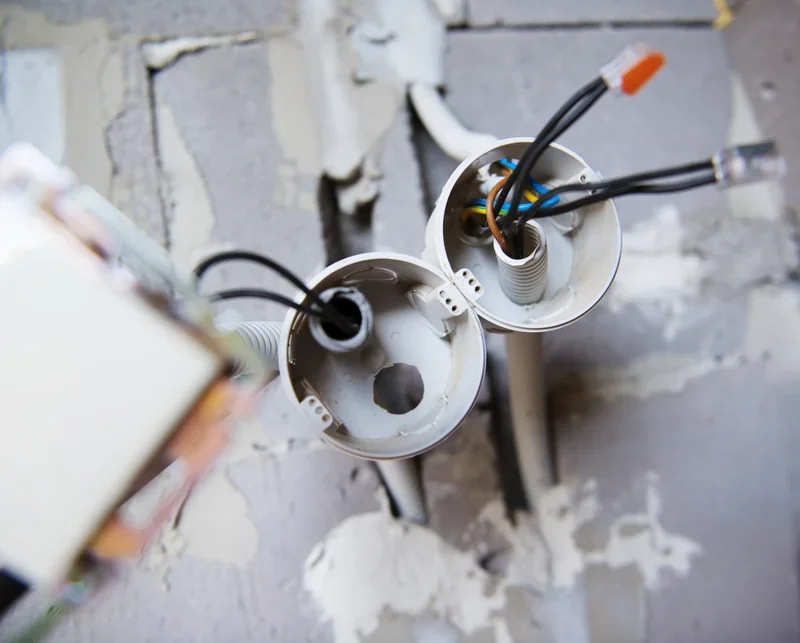 Electrical boxes and wires exposed in an opened plaster wall during an older home rewiring job