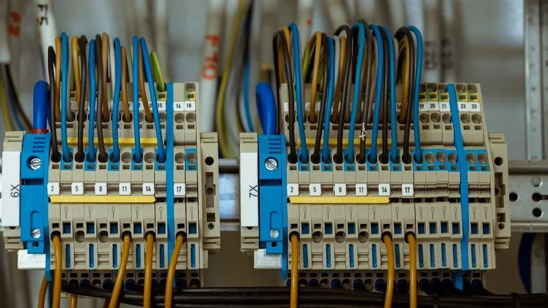 Rows of wired terminal blocks inside an electrical control cabinet in a commercial building